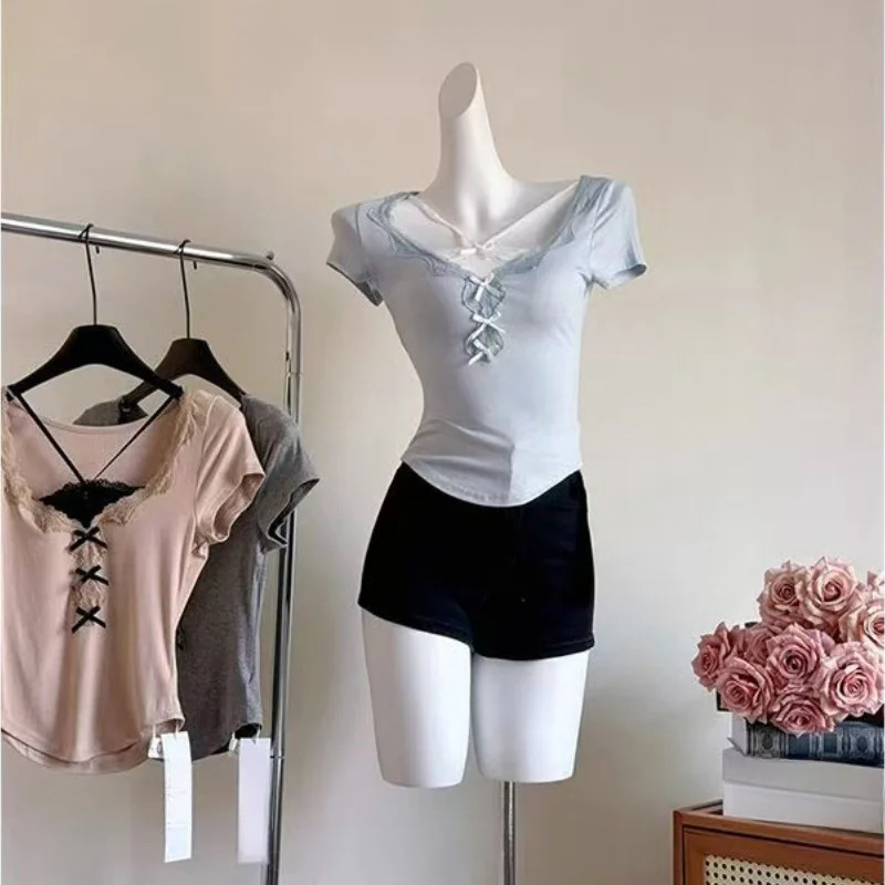 Korean Chic Slim sweet Womens Top Y2k Girls 2 Pieces Lace Up Short Sleeve TShirts Sweet Ladys Blouses 250311