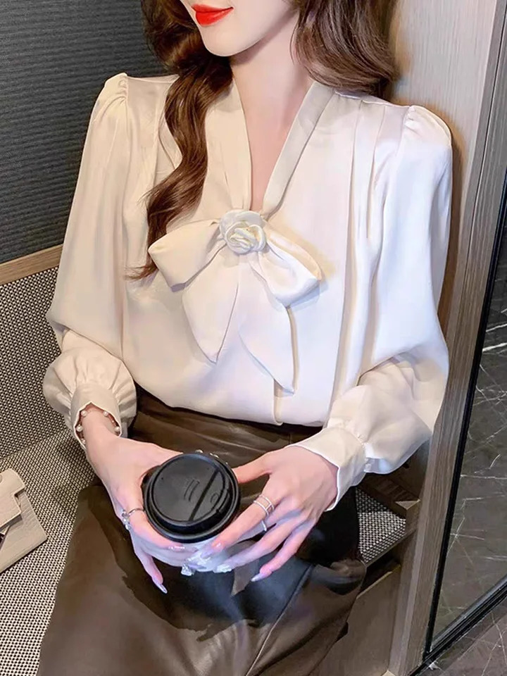 Temperament Satin Long Sleeve Blouse Women 2025 Spring Fashion Solid Color V-neck Fashionable Elegant Top Lady Shirts Chic 250320