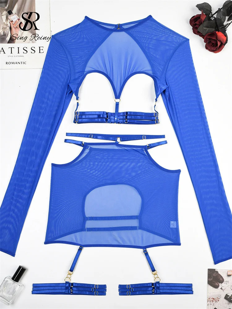 SINGREINY Erotic Sheer Sexuality Underwear Set Hollow Out Bandage Slim Women Shapewear Club Long Sleeve Lingerie 5 Pieces Suits 250320