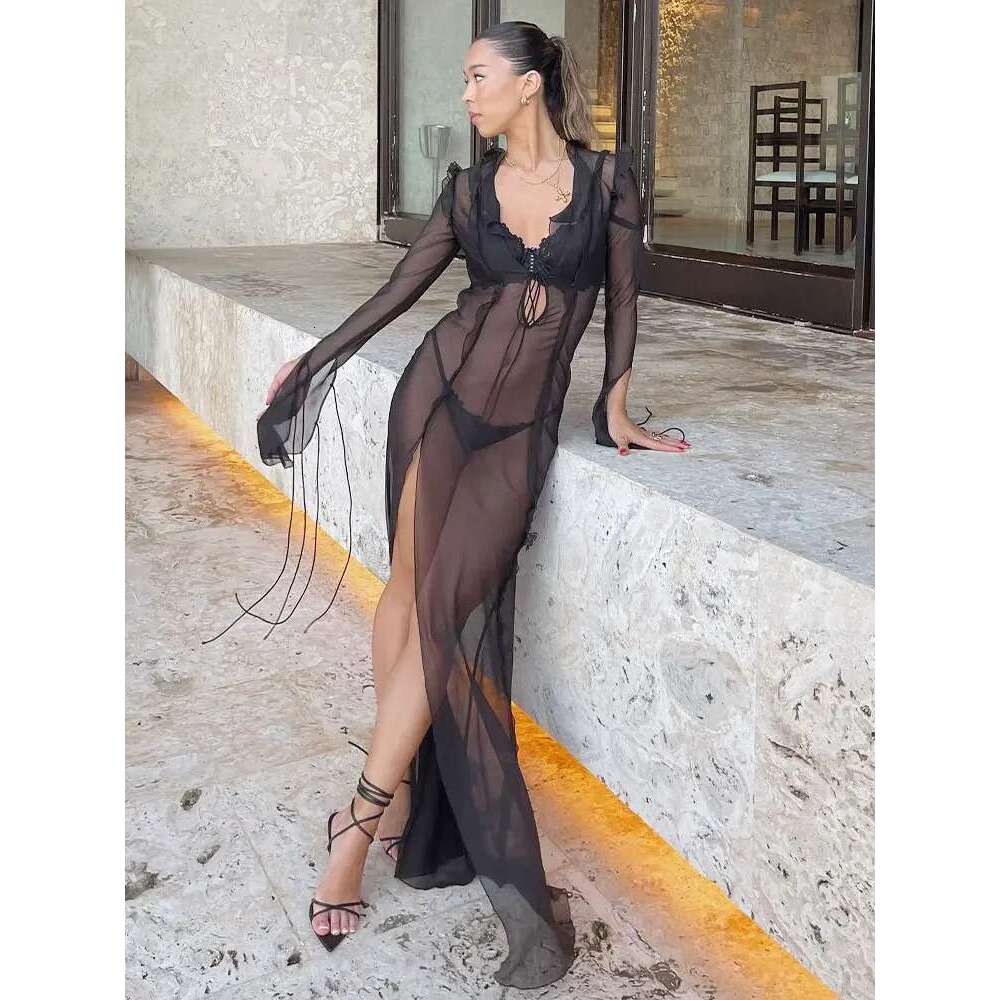 Tight Dress Sexy V Neck Split Perspective Ruffle Drawstring Tight Beach For Women Summer 2023 Elegant Party Maxi Dress Vestidos