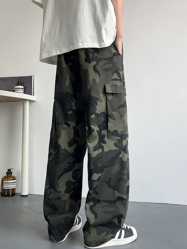 Mens Camouflage Straight Cargo Pants Spring Summer Multi-Pockets Wide Leg Baggy Casual Pants Male Cotton Casual Trousers 250320