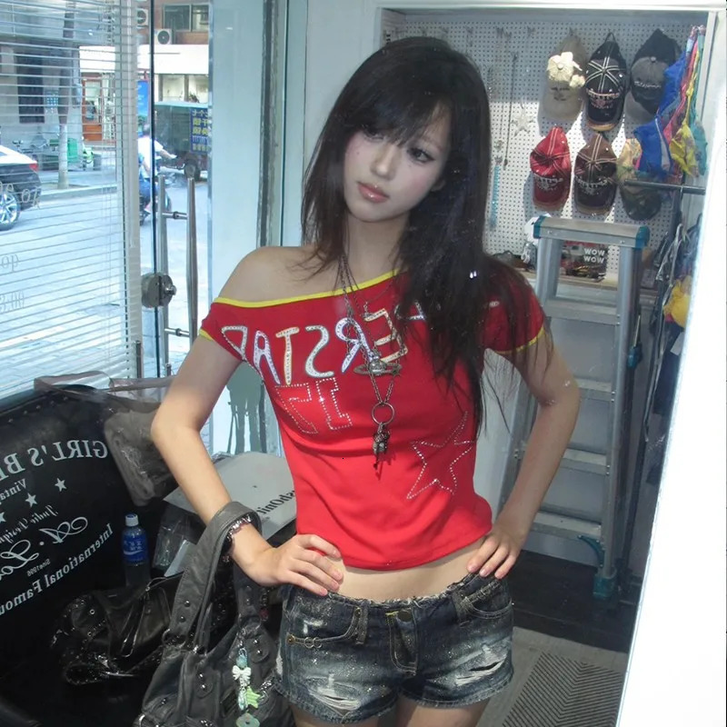 Karrram Japanese Y2k Off Shoulder T-shirt Trashy 2000s Letter Print Crop Top Vintage Harajuku Rhinestones T Shirt American Retro 250317