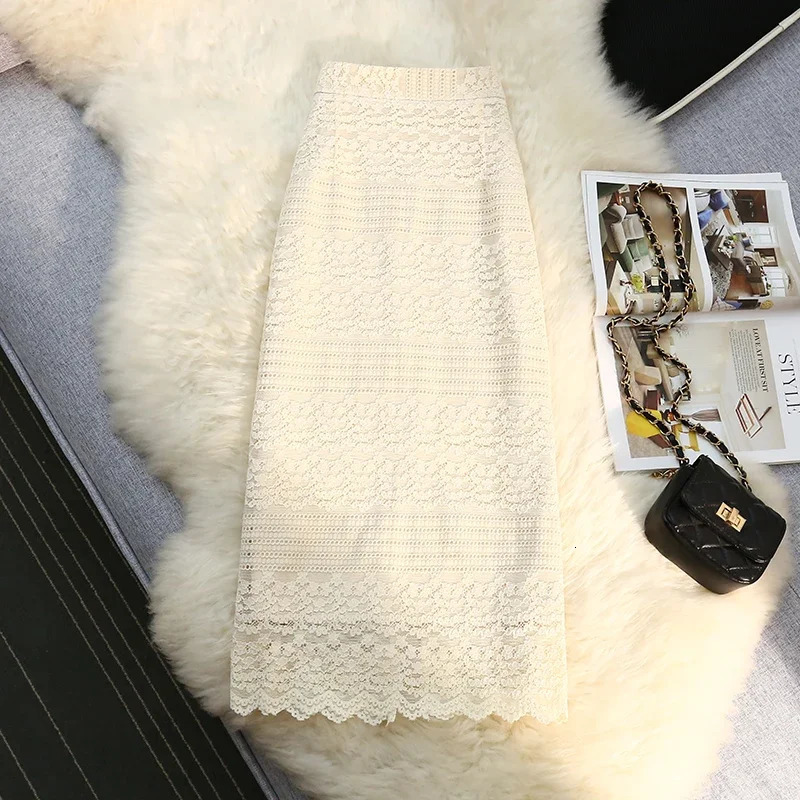 High Waist Lace Crochet Elegant Womens Midi Skirts Female Minimalism Chic Back Split Sheath Wrap Skirts Spring Autumn 250320