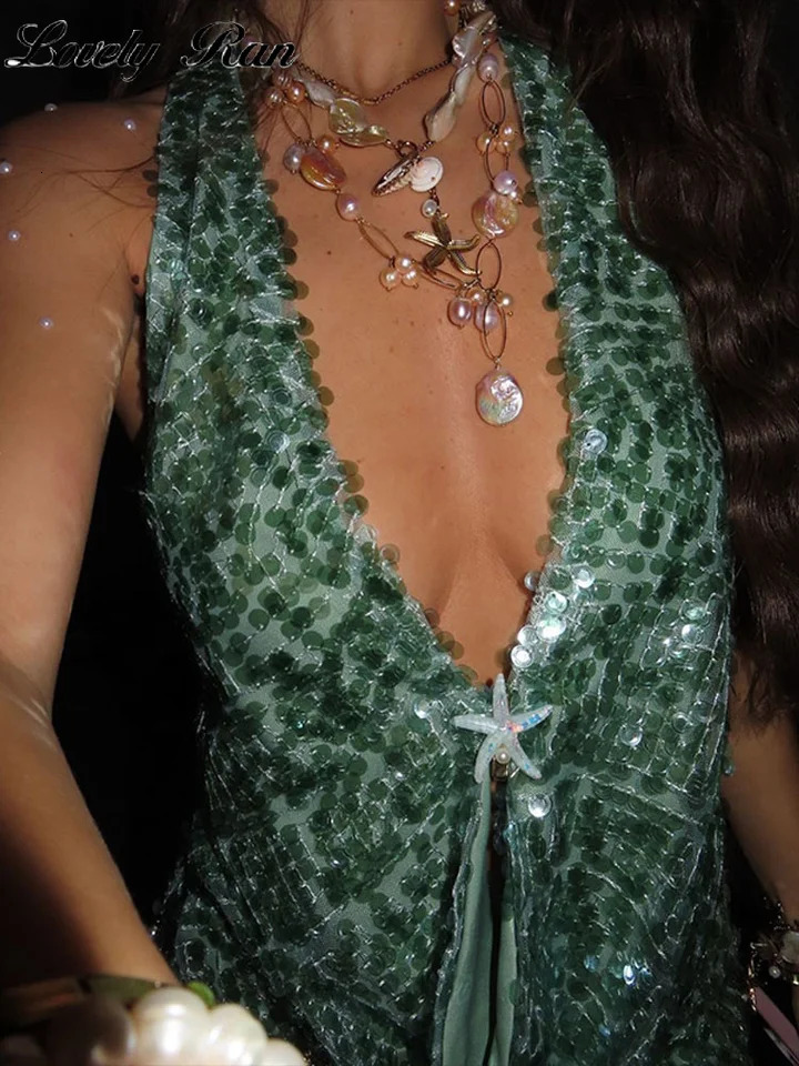 Sexy Sequined Vest Women Deep V-neck Backless Sleeveless Halter Pleated Female Tank Top 2025 Spring Summer Beach Lady Clubwear 250320