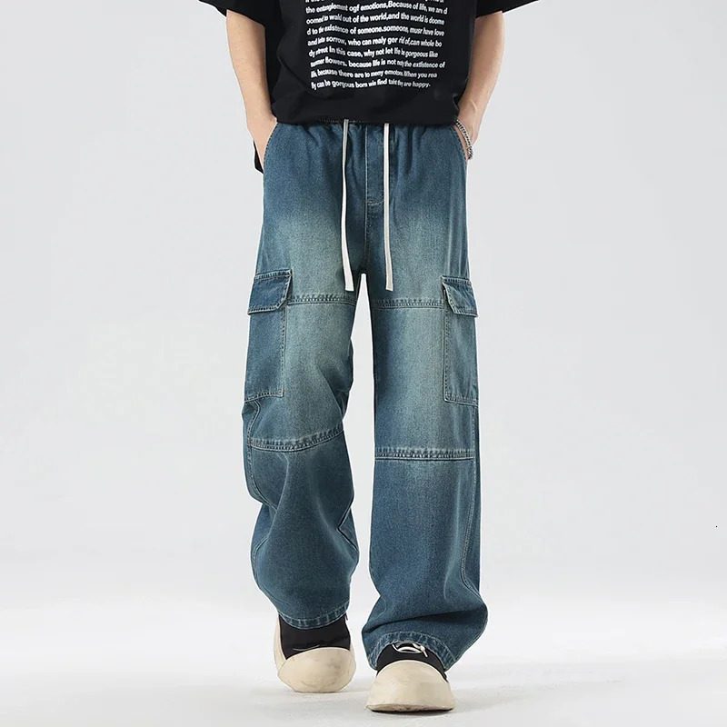 Mens Working Jeans Spring Stretch Waist Working Pants Loose Straight Wide Legs Street Hip Hop Baggy Fashion Pants 250320