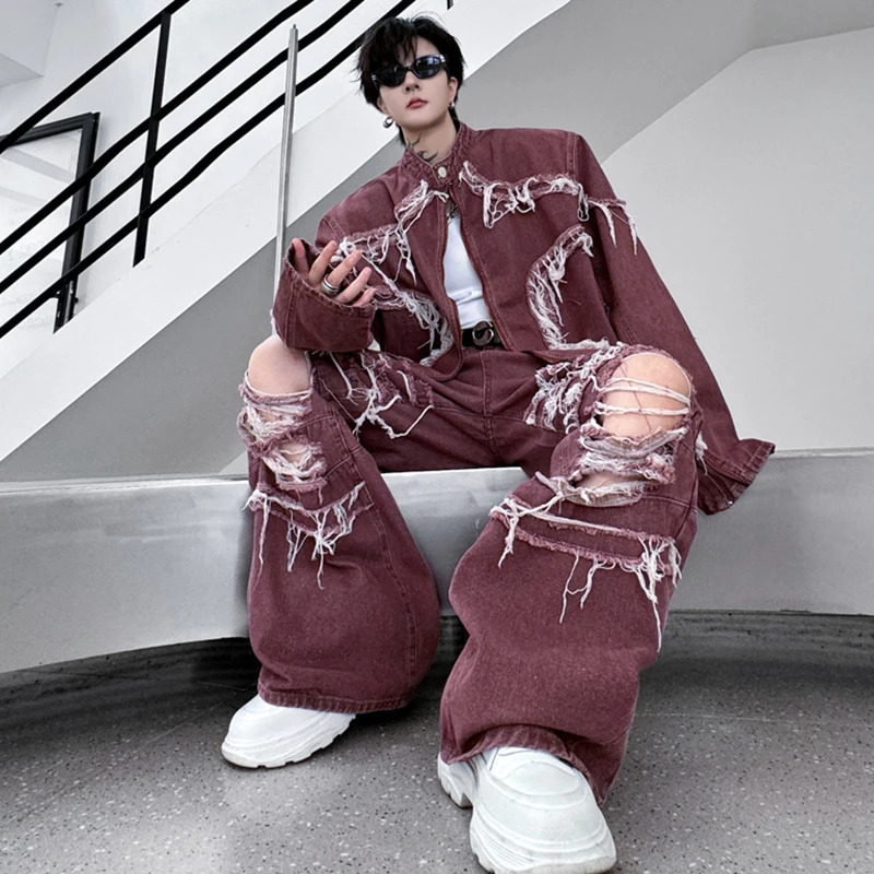 LUZHEN denim jacket with tassel and burr hollow pocket straight jeans two-piece set fashionable street mens wear LZ4935 250318