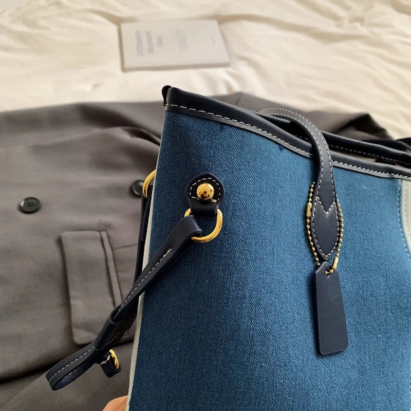 MOODS Patchwork Tote Bag Set For Women Big Capacity 2In1 Shoulder Shopper Denim Fabric Contrast Color Handbag Female 250320
