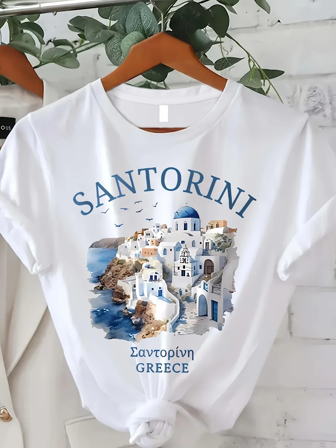 Vibrant Santorini Graphic Print Crew Collar Tshirt Breathable Short Sleeve Casual Summer and Spring Womens Fashion Clothing 250311