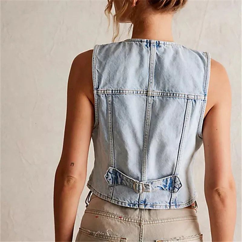 Imcute Women Vintage Y2K Denim Vest Sexy V Neck Button Down Cropped Jean Corset Sleeveless Waistcoat Tank Top Streetwear 250320