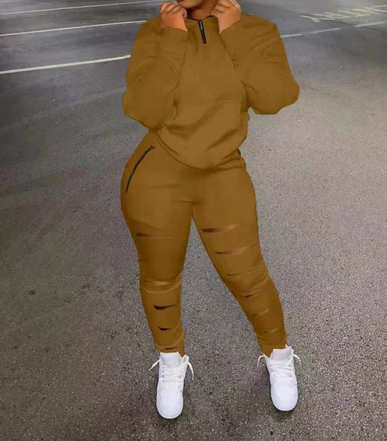 Two Piece Set Women Outfit Zip Detail Turn-Down Collar Long Sleeve Top Ladder Cutout Pocket Pants Set Spring Fashion 250320
