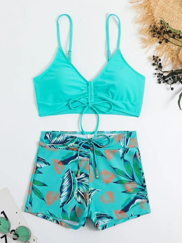 2025 Summer High Waist Swimsuit Bikini Sets with Shorts Female Swimwear Beach Wear Twopiece Bathing Suit Sport Clothing 250320