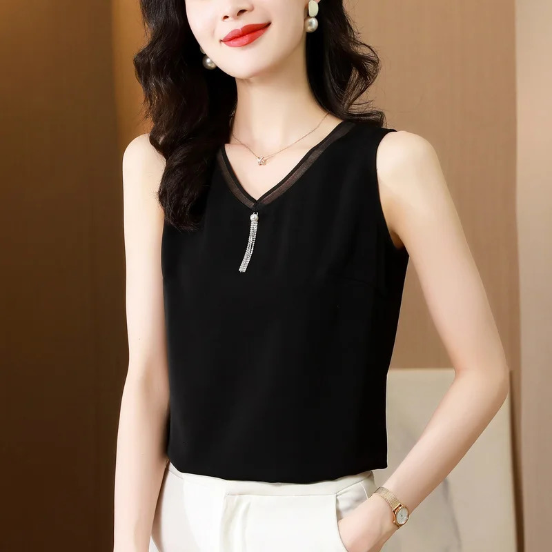 #1205 Black White Chiffon Tank Top Women V-neck Sexy Short Top Female Sleeveless M-4XL Outerwear Office Top Woman Summer 250320