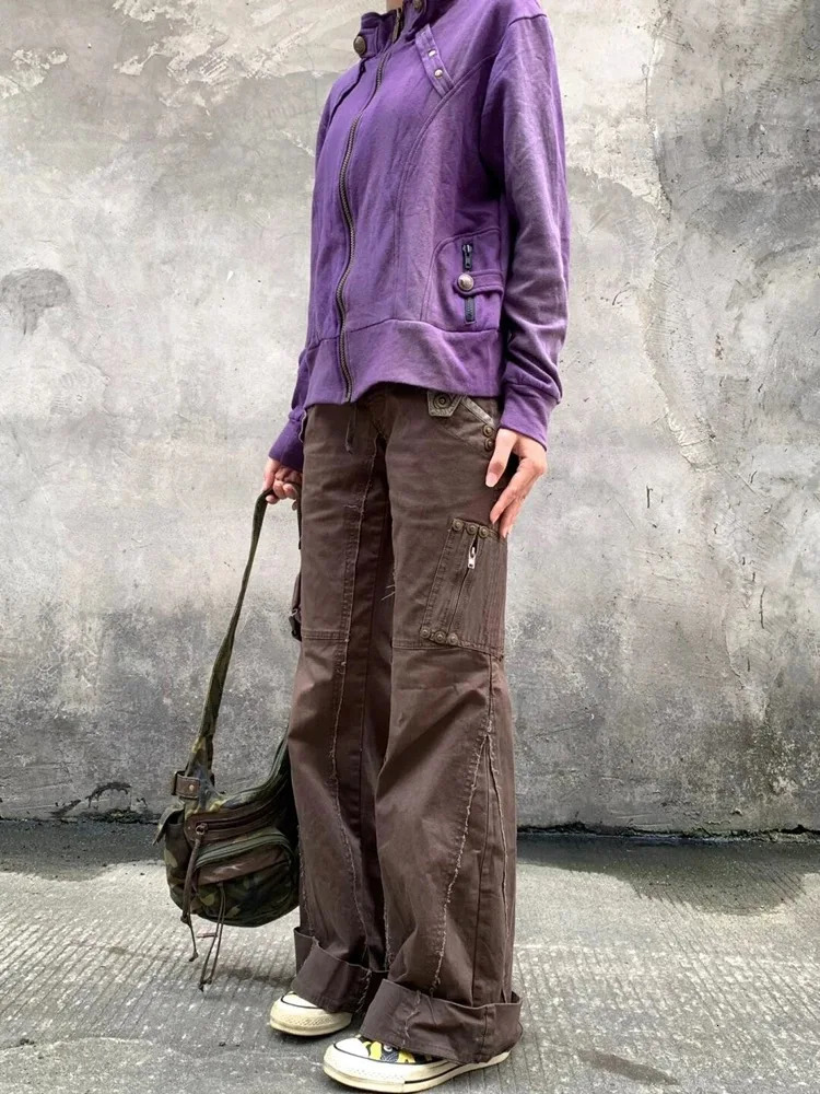Hosen Y2K Fashion Brown Slim Stacked Flare Cargo Jeans Pants For Women Clothes Gothic Lady Trousers Ropa De Mujer 250320