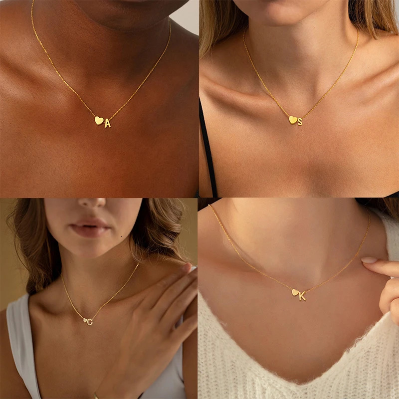 2025 Fashion Simple Tiny Heart Dainty Initial Necklace With Letter Name Women Stainless Steel A-Z Alphabet Choker Chain Jewelry 250313