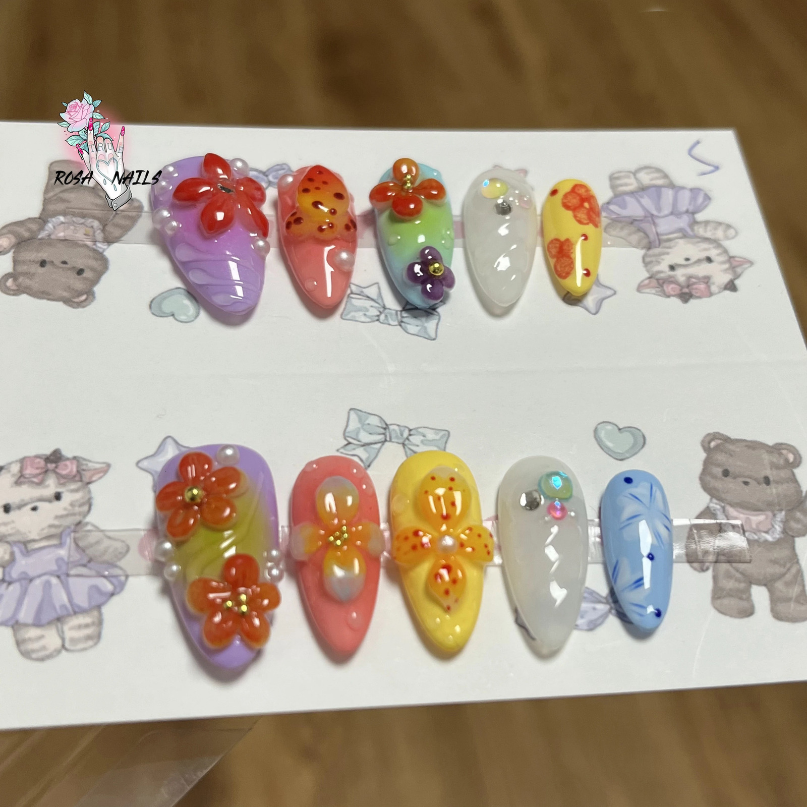 3D Flower Nails Almond Acrylic False Nail Tips Short Y2k Color Trendy Vacation 3d Sculpted Flowers Custom Handmade Press on Nail 250319