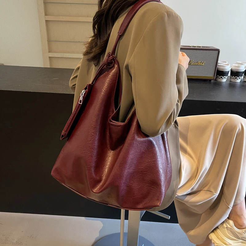 Burgundy 2in1 Womens Shoulder Bag Soft PU Leather Solid Color Large Capacity Shopping Stray with Coin Wallet 250320