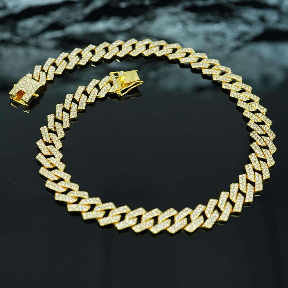 15mm alloy full dia Cuban chain men's double row quadrilateral hip-hop necklace accessory gift for man