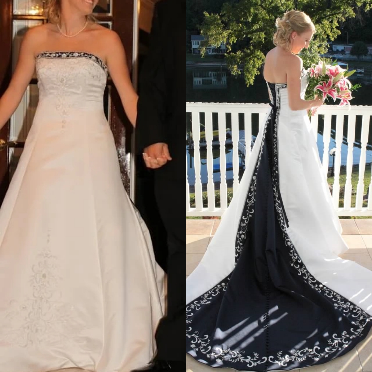 Classic Black And White A-Line Wedding Dresses Embroidery Strapless Satin Long Bridal Gowns Lace-Up Elegant Bride Dress Custom Made 2025