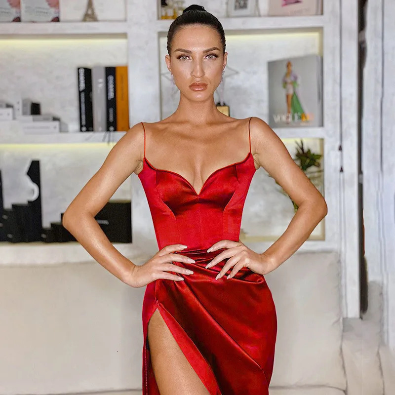 Womens satin dress sexy Vneck spaghetti strap sleeveless high cut summer evening party vest Maxi 250320