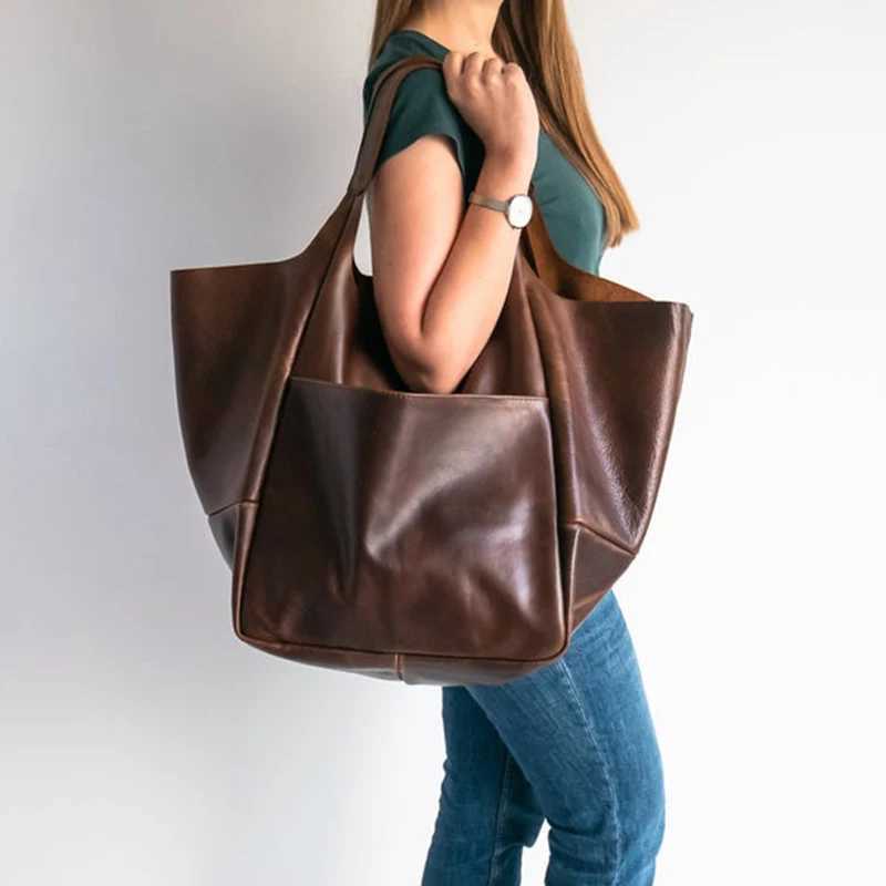 Rretro handmade large beach high-capacity zipper shoulder solid color multifunctional womens handbag Y250320