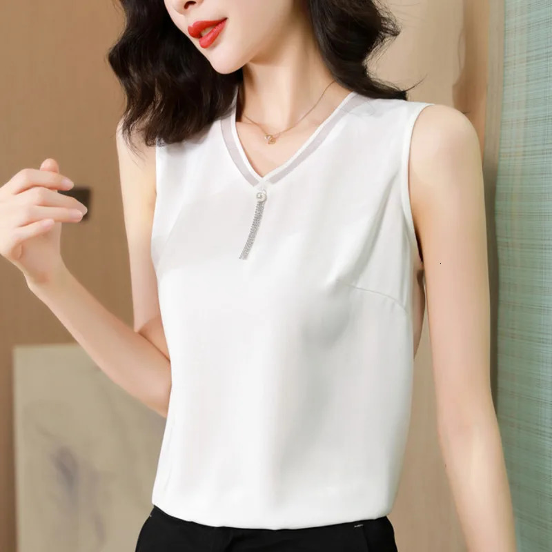 #1205 Black White Chiffon Tank Top Women V-neck Sexy Short Top Female Sleeveless M-4XL Outerwear Office Top Woman Summer 250320