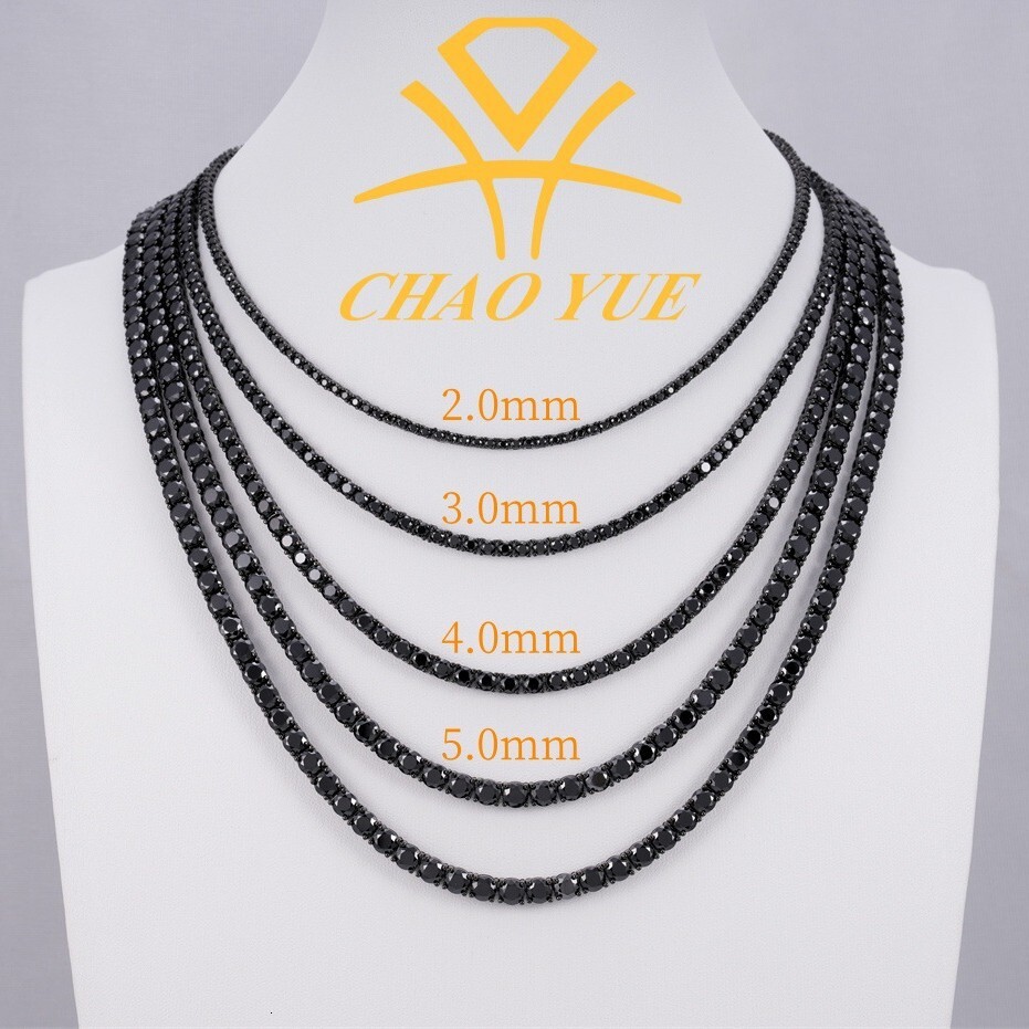 New product 925 silver black moissanite 2mm-5mm personalized tennis necklace hip-hop fashion mens and womens jewelry straight