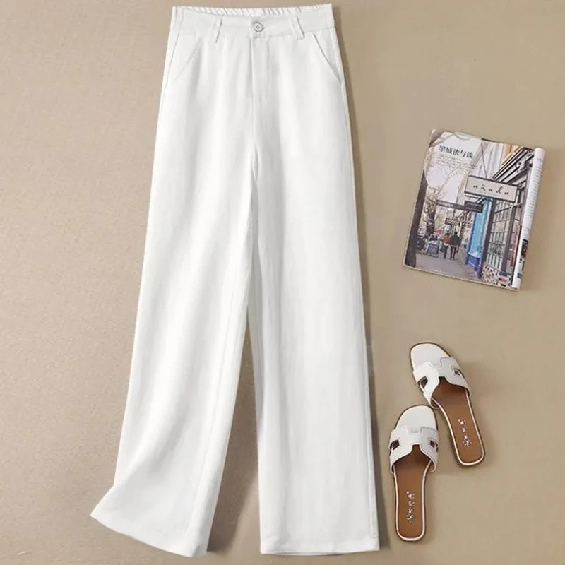Summer Baggy Cotton Linen Pants Women Elegant High Waist White Wide Leg Pants Woman Casual Loose Straight Streetwear Bottom 250320