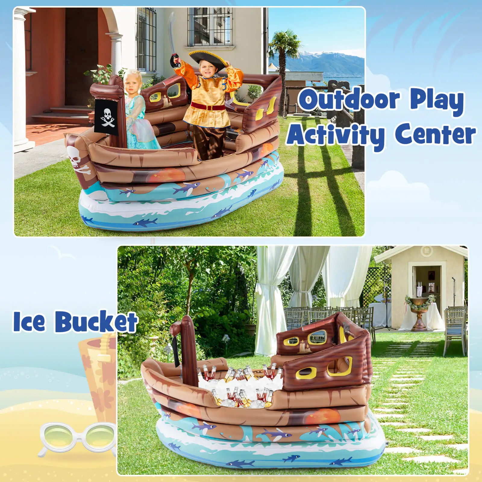 Inflatable pirate ship Playhouse wbuiltin motor inflatable toy sword 250321