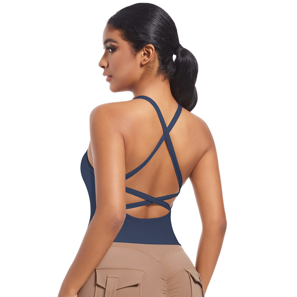New double-sided nylon solid color back cross sports bra, running fitness yoga suit, vest top for women