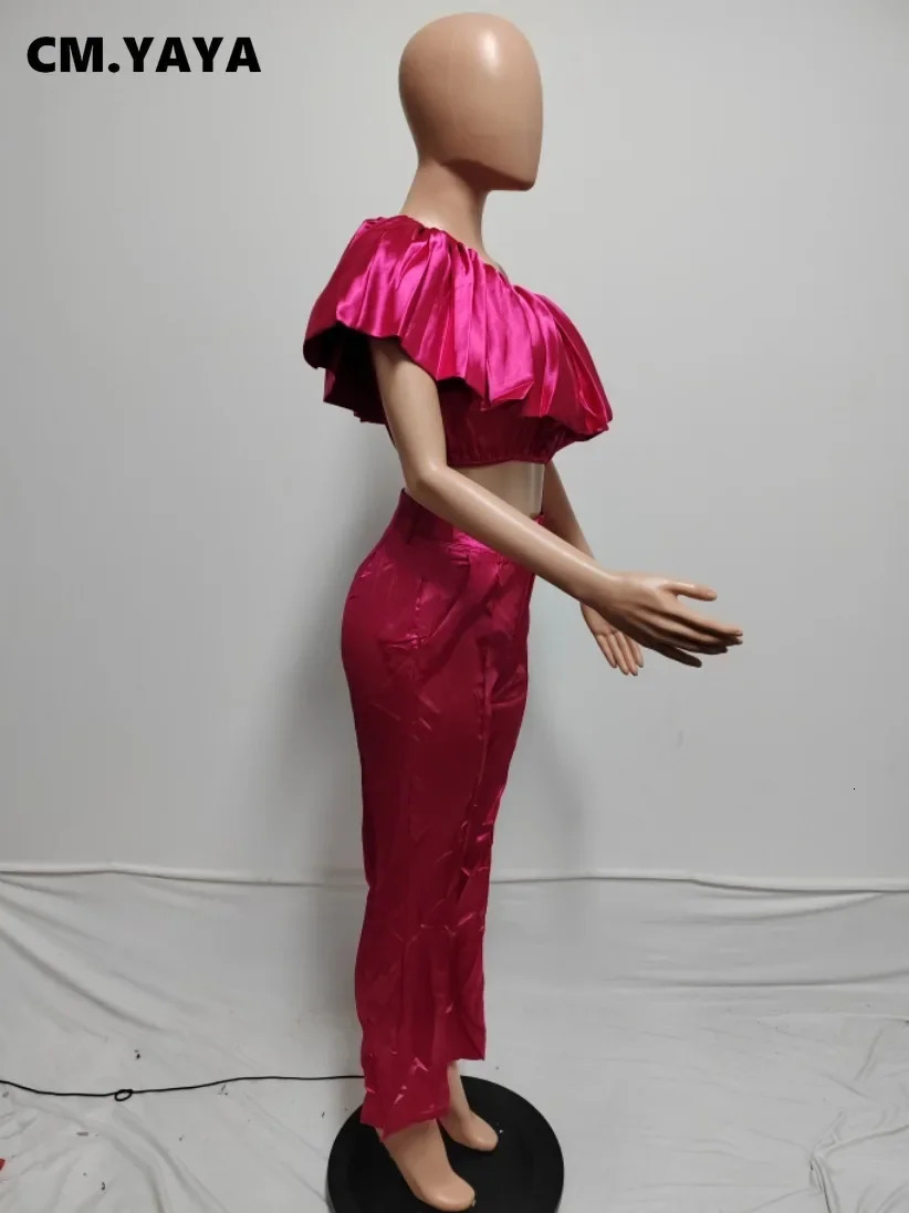 CM.YAYA Fashion Satin Womens Set Butterfly Sleeve Crop Top and Wide Leg Pants Suit Party Club Even Two 2 Piece Sets Outfit 250320