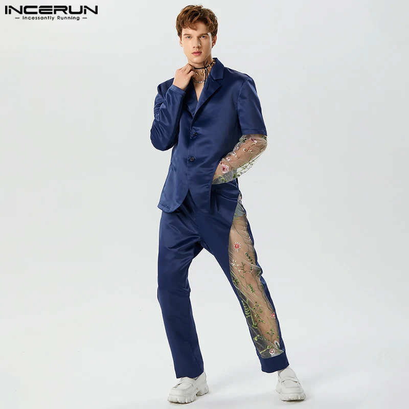 INCERUN American Fashion Mens Long Sleeve Set Jacket Pants Splicing Work Lace Flower Hollow Two Piece Set S-5XL 250318
