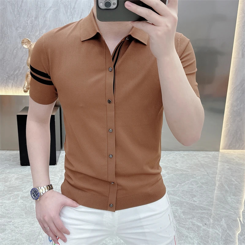 Summer Striped Mens Knitted T-shirt Polo Neck Ice Silk Short Sleeve Mens Casual Business Knitted T-shirt 250320