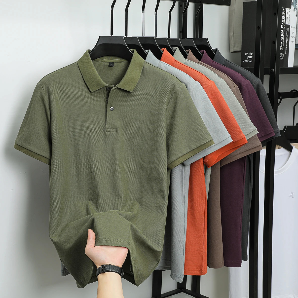 100% pure cotton high neck polo shirt short sleeved summer business ice silk lapel T-shirt solid color Paul mens clothing 250320