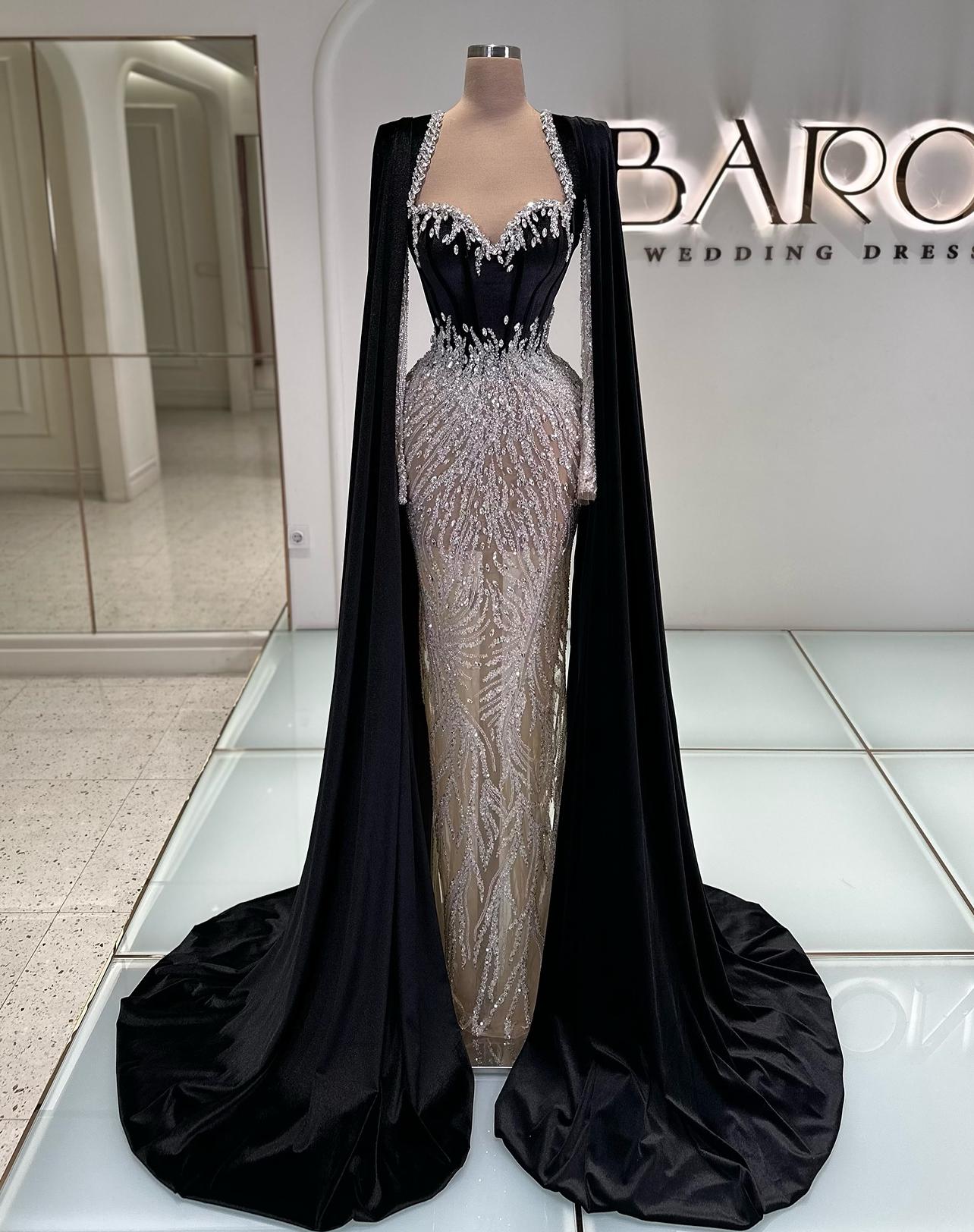 Vintage Sequins Evening Dresses Beading Crystal Prom Gowns Sweetheart Neck Long Sleeves Customized Princess Sweep Train Party Dress Vestidos De Noche