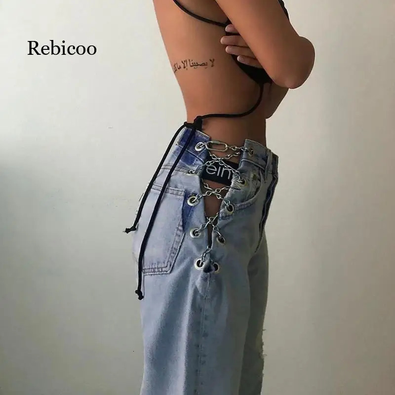 Side cross chain hollow outer wide leg womens jeans high waisted pants sexy and elegant womens punk bottom womens pants loose blue 250320