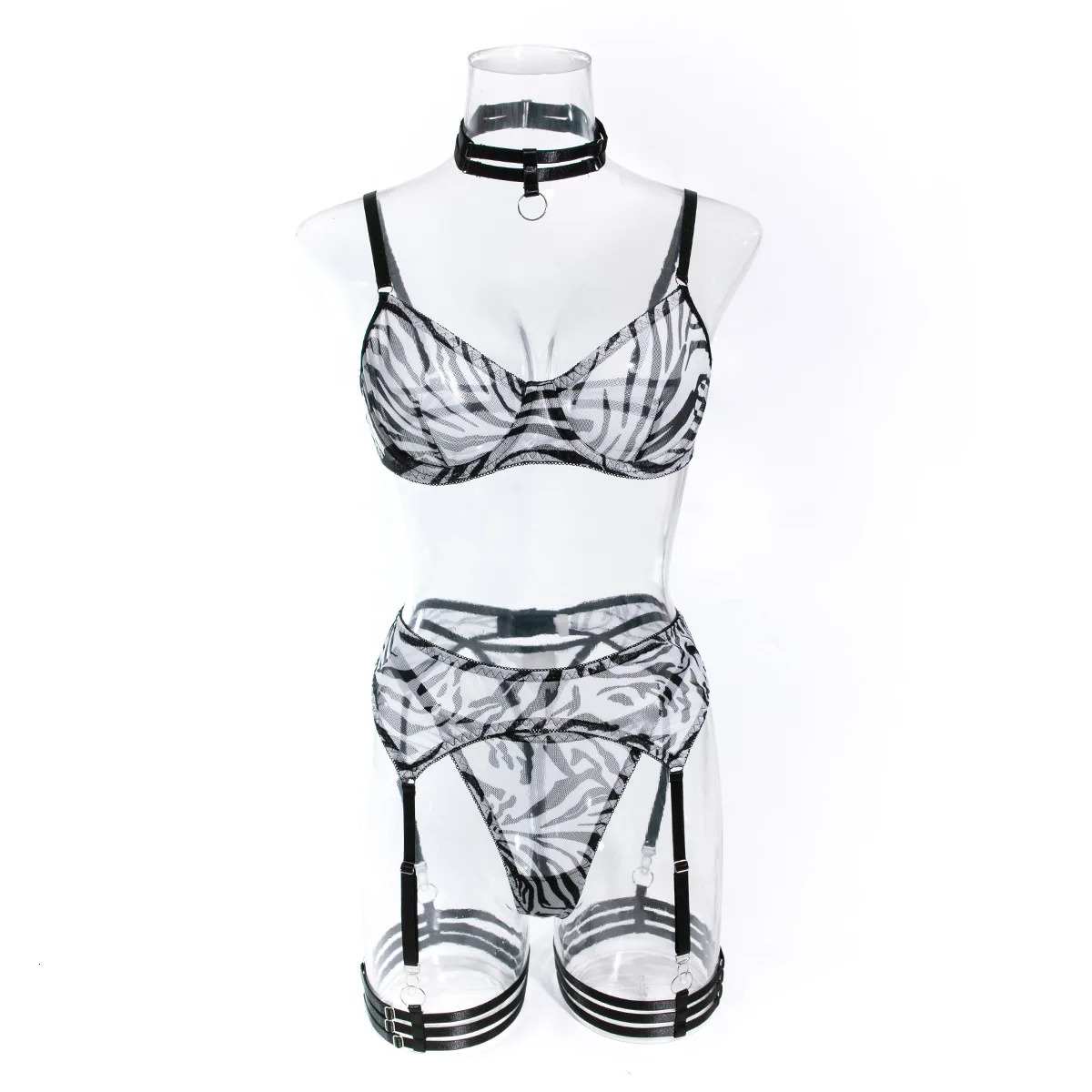 Sexy Mesh Print Zebra Perspective Underwear Women Black White Gathering Wild Neck Perspective Exotic Apparel Suit Four Piece Set 250320