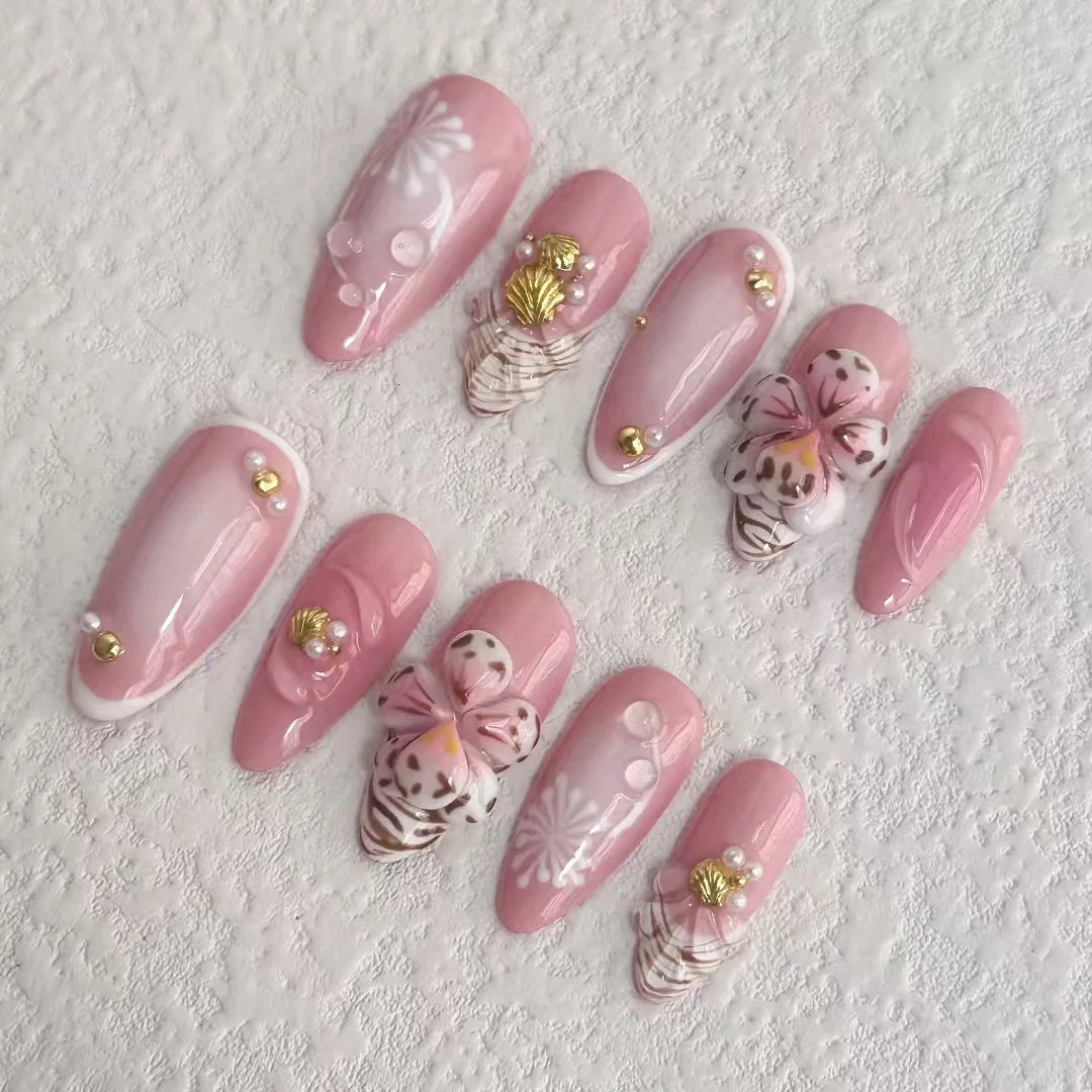 10 Pcs Press on Nails Handmade Nials INS Y2K Fake Nails with Nails File Pink 3D Flower Press on 250319
