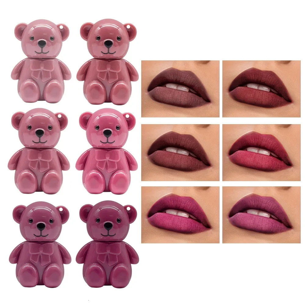 24pcs Kawaii Bear Velvet Matte Liquid Lipstick 6 Colors set Lip Gloss Waterproof Longlasting Nonstick Lip Tints Lips Makeup 250317