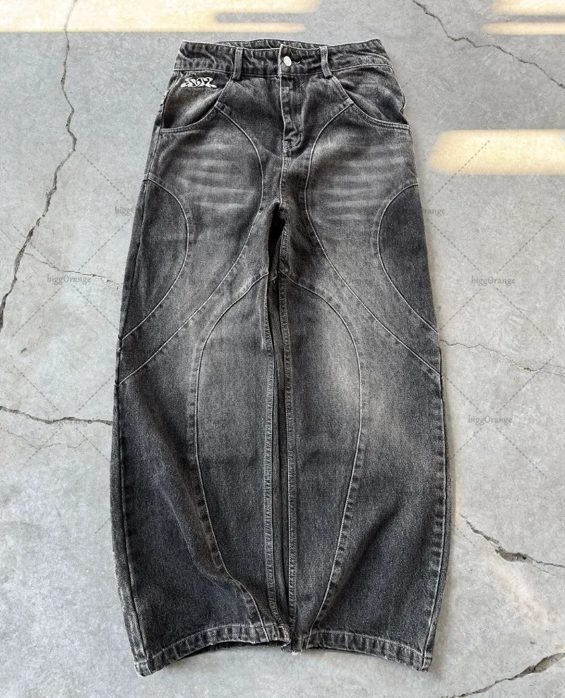High Street Gothic Punk Dark Trousers Y2K Harajuku Retro Washed Distressed Baggy Jeans Men Street Fashion Straight Leg Pants 250320