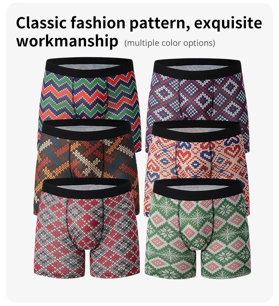 6Pack mens fashion print sports long boxer briefs comfortable and breathable stretch shorts plus size beach underwear for teen 250320
