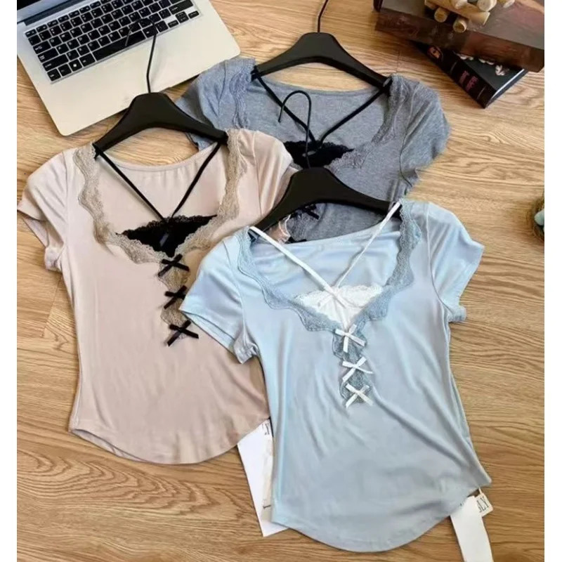 Korean Chic Slim sweet Womens Top Y2k Girls 2 Pieces Lace Up Short Sleeve TShirts Sweet Ladys Blouses 250311