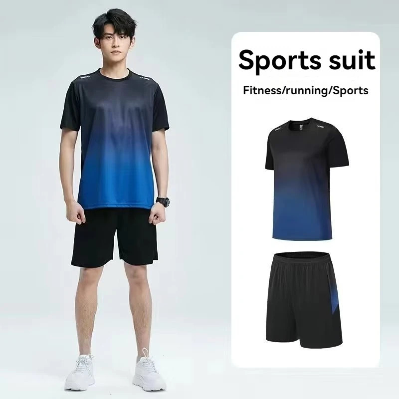 Fitness Clothes Mens LCE Silk Quick-Dry Sportswear Set Summer Short-sleeyed T-shirt Morning Running Basketball Training Room 250320