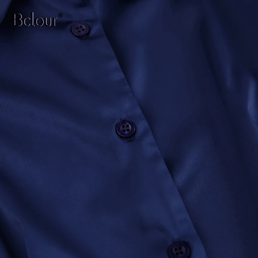 Bclout Sexy Slim Satin Shirt Dress Summer Long Sleeve High Waist Mini Dresses Women Elegant Blue Single Breasted Shirt Robe 250320