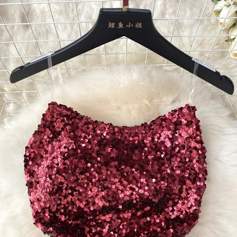 Fashion sequin asymmetrical strapless dress sleeveless Korean fashion vest womens retro summer hip wrap w250320