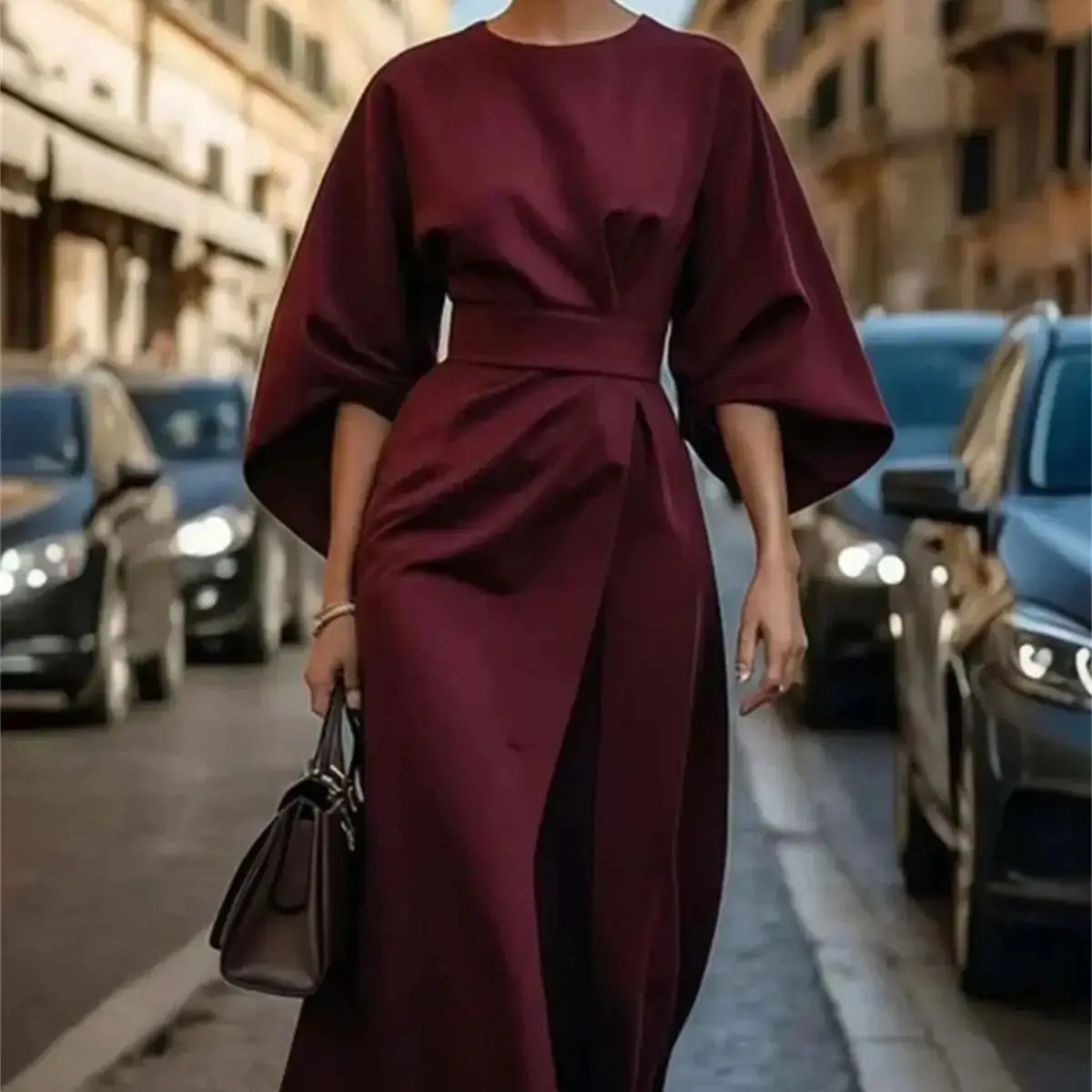 Fashionable and elegant office womens dress with Oneck bat sleeves Vestidos spring summer warm slim fit evening gown casual robe 250317