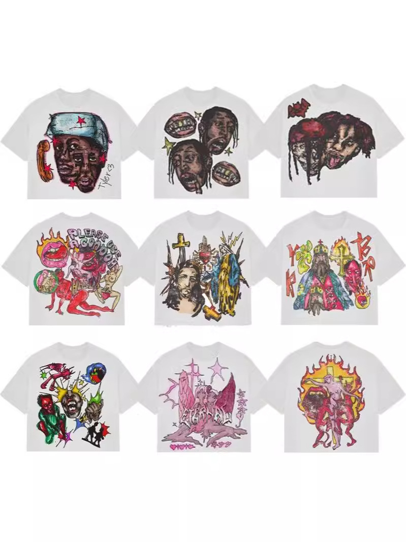 Men's T Shirts Summer American Retro Hip-hop Pure Cotton T-shirt For Men Graffiti Graphic Printed Streetwear Oversized Gothic Anime