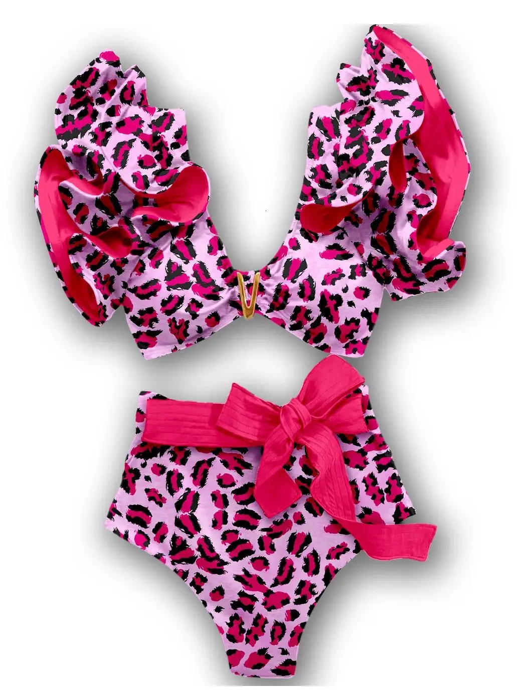 Floral Ruffled Hem Bikini Set Women Flora V-Neck High-Waisted Two Piece Swimsuit Girl Beach Bathing Suit Swimwear Biquinis 250314