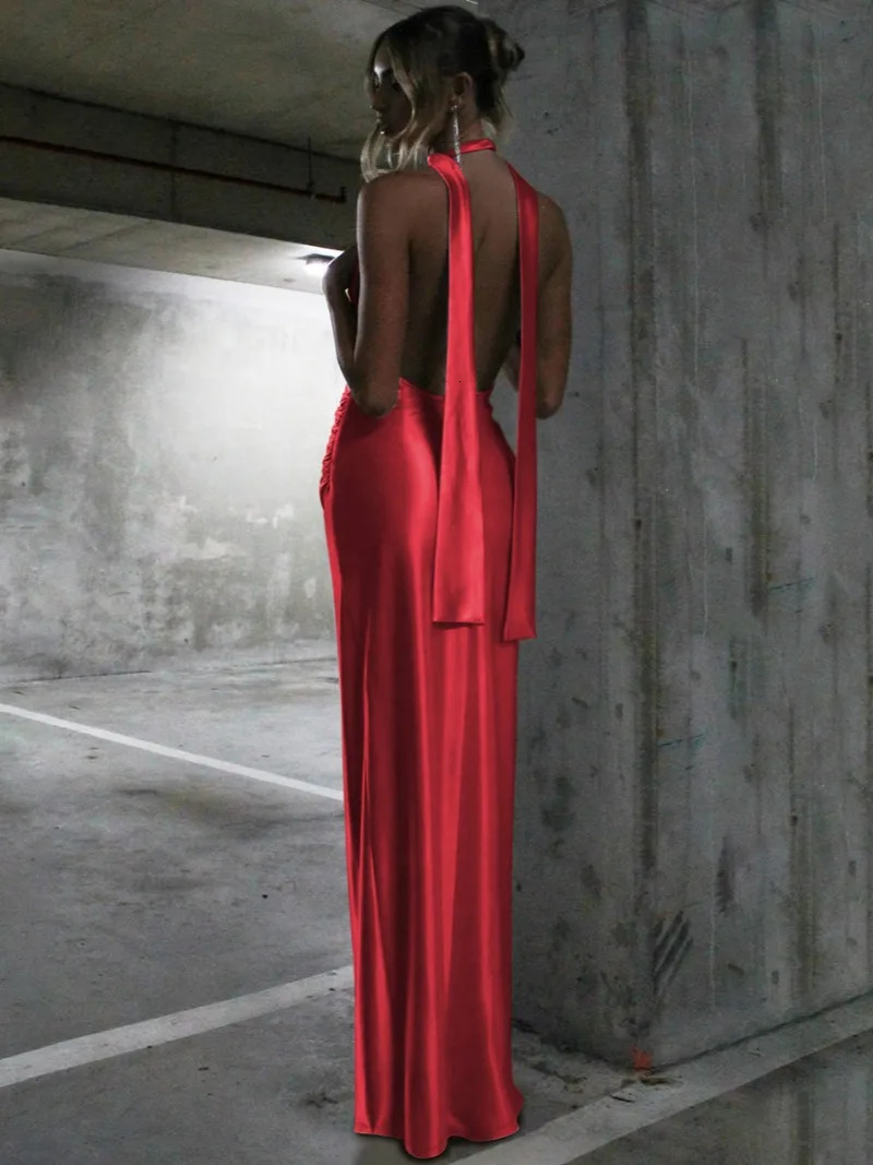 Fashionable and sexy deep Vneck bandage high seam long skirt womens sleeveless backless tuning satin evening dress party red 250320