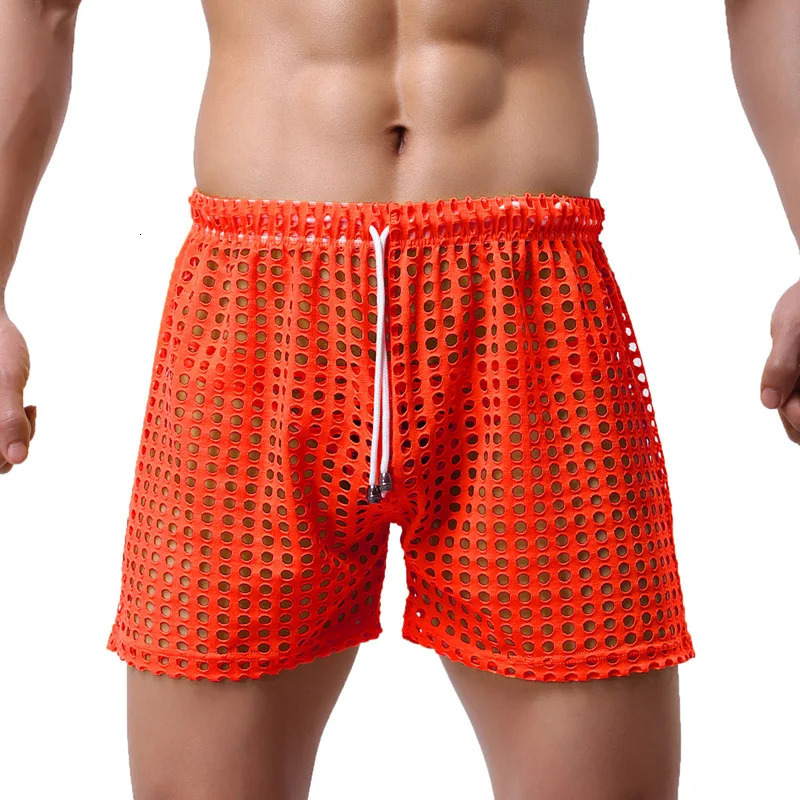 Mens sexy large mesh hollow boxing shorts mens casual home transparent 250320