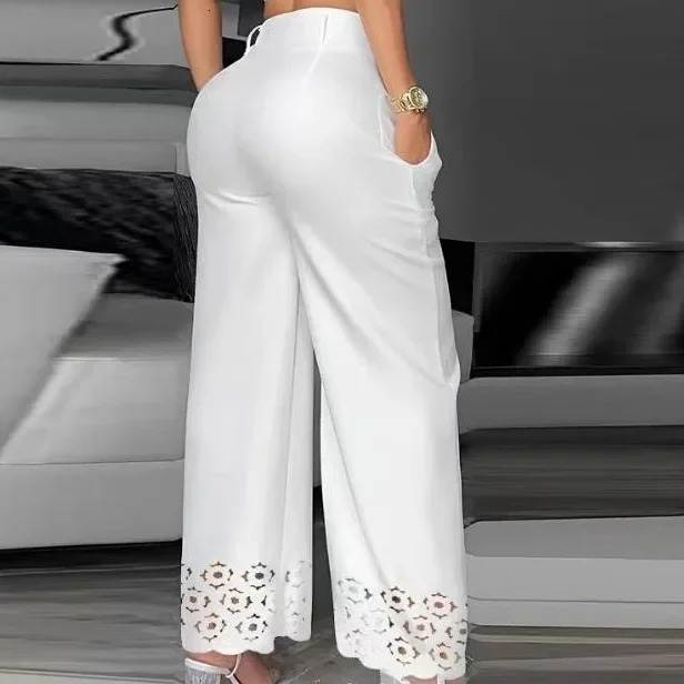 2-piece womens set casual V-neck Cami crop top and white fashionable hollow outer wide leg high waist pants set for women 250320